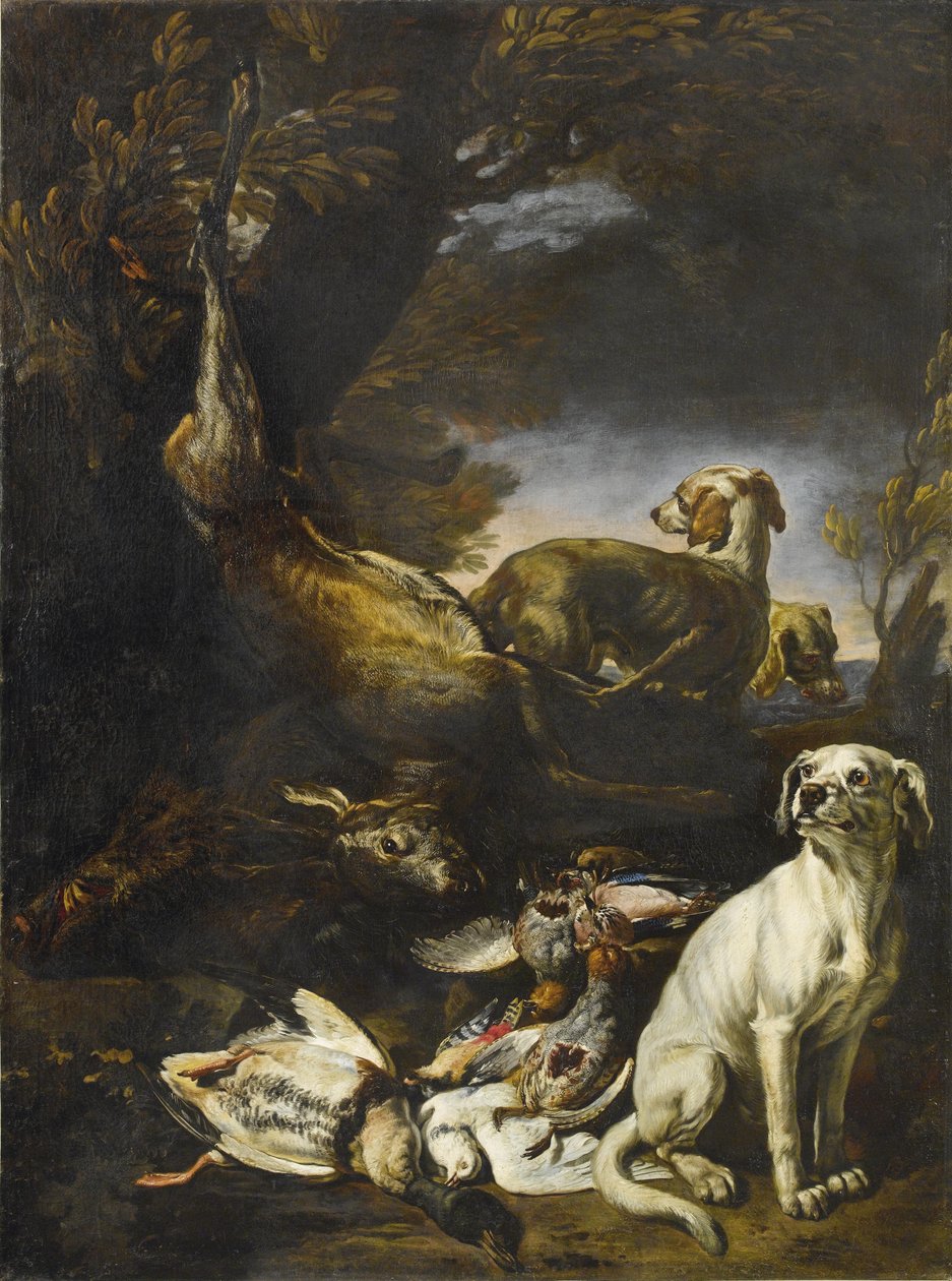 Gedode dieren bewaakt door honden in een boslandschap door David de Coninck