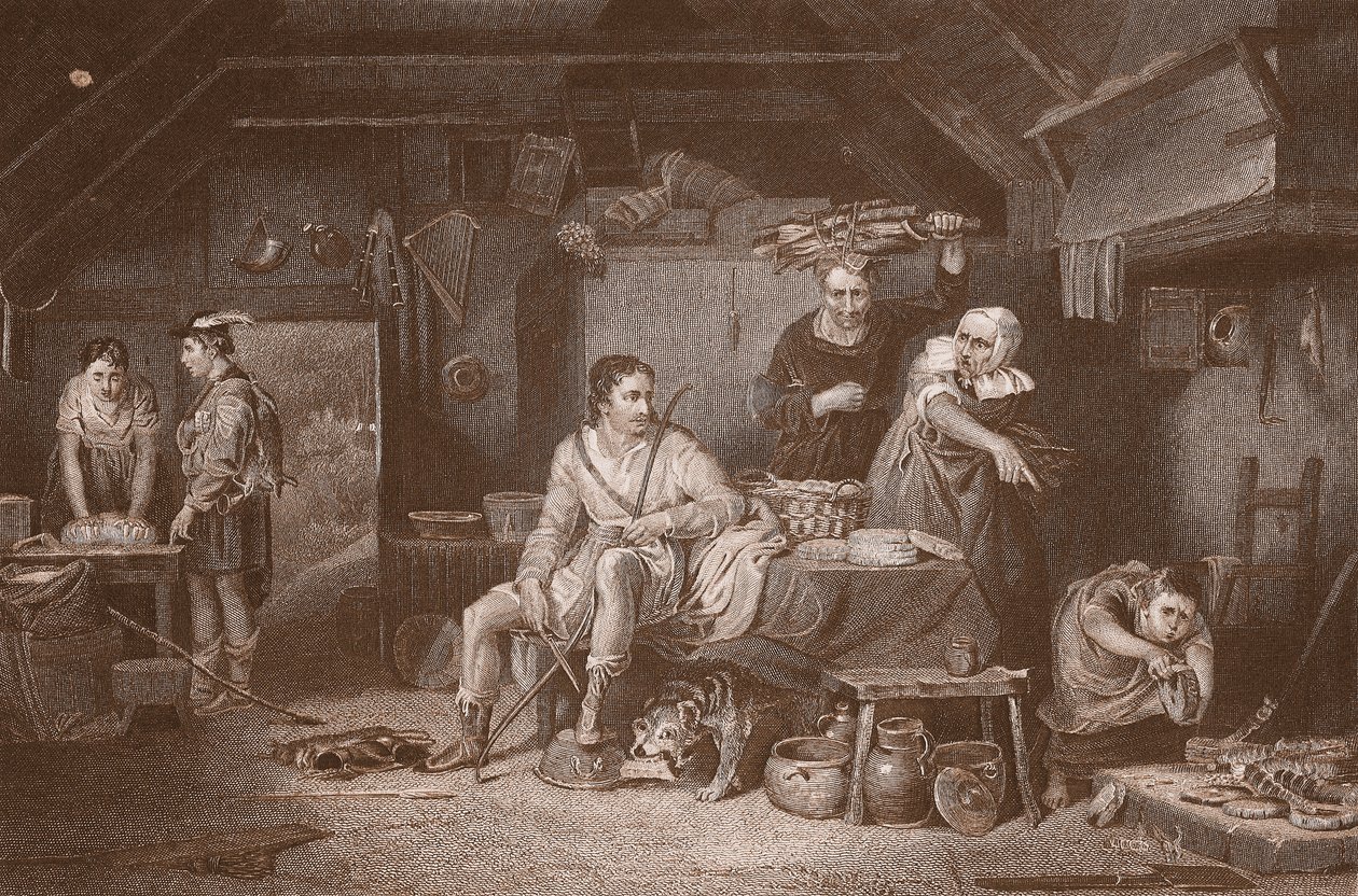 Alfred in de hut van de herder, gegraveerd door A.H. Payne door David (after) Wilkie