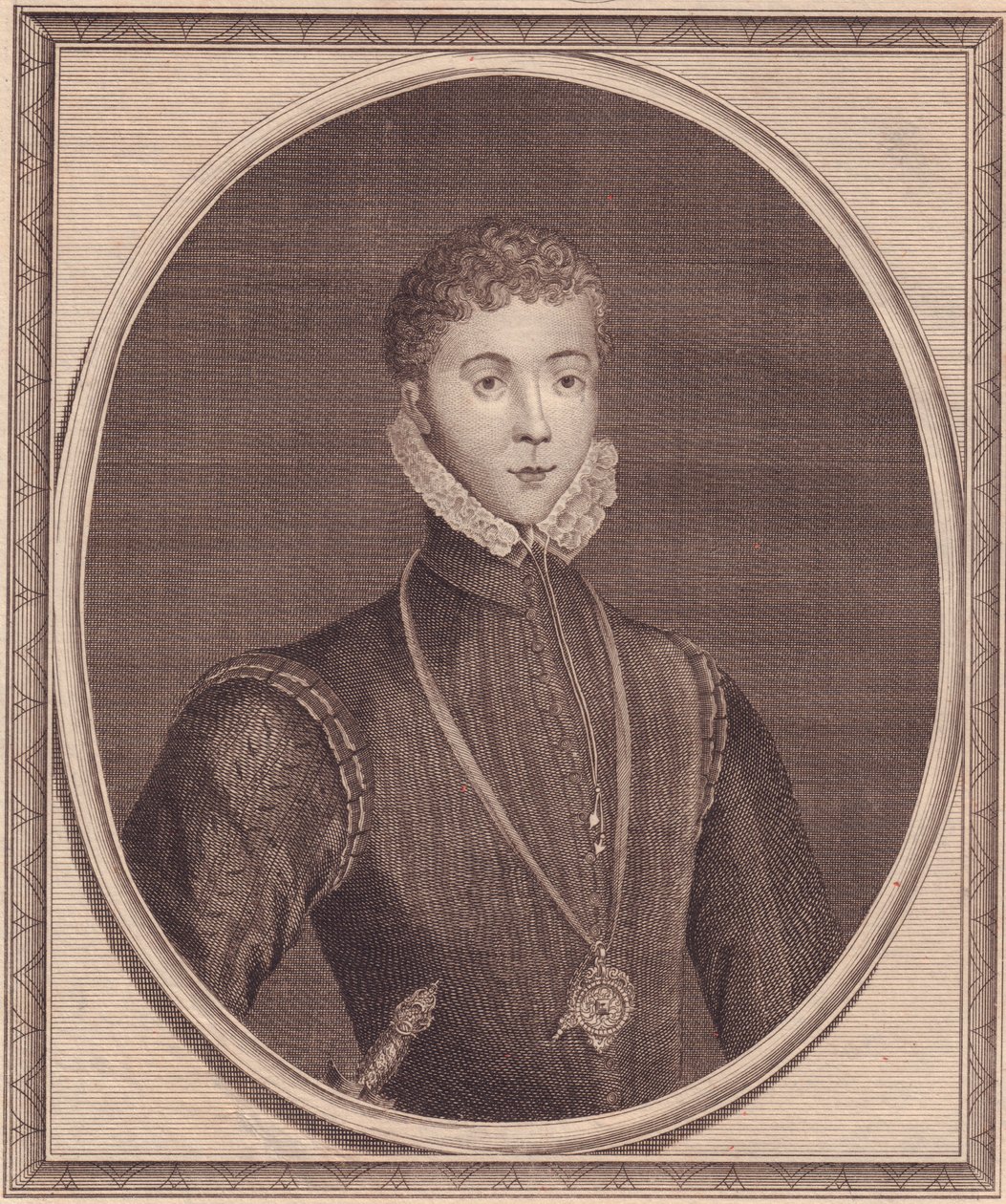 Portret van Henry Stuart, Lord Darnley (1545-1567), koning-gemaal van Schotland, kopergravure door John Goldar naar schilderij van Lucas de Heere door John Ward Dunsmore