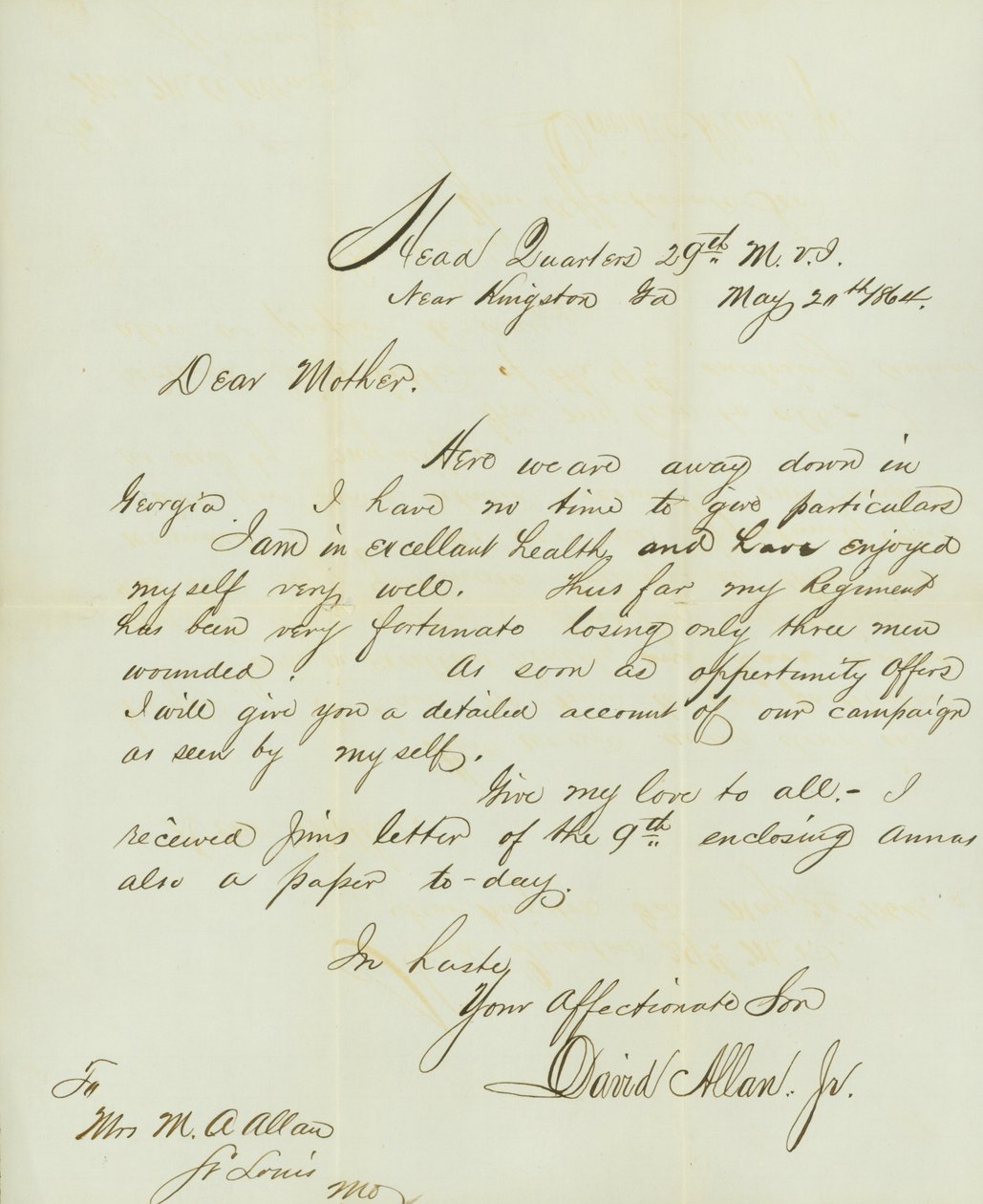 Brief ondertekend door David Allan, Jr., Hoofdkwartier 29e M.V.I., nabij Kingston, Ga., aan zijn moeder Mevr. M.A. Allan, St. Louis, Mo., 20 mei 1864 door David Allan