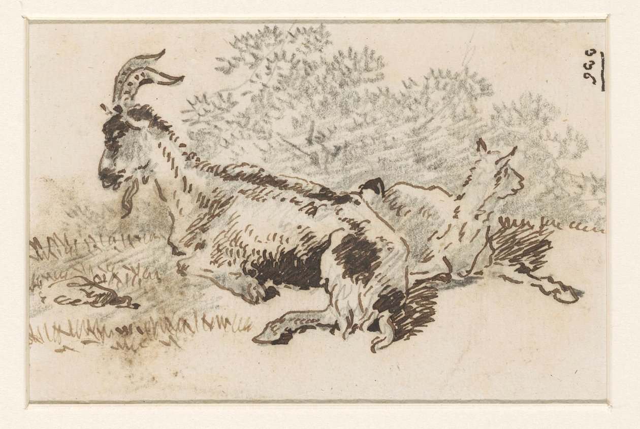 Geit en jong in een landschap door David Alphonse de Sandoz Rollin