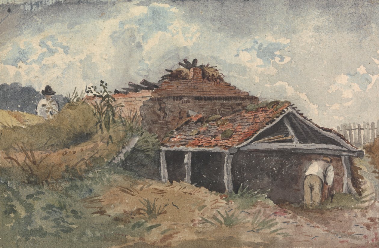 Landschap met twee figuren naast een oud gebouw door David Charles Read