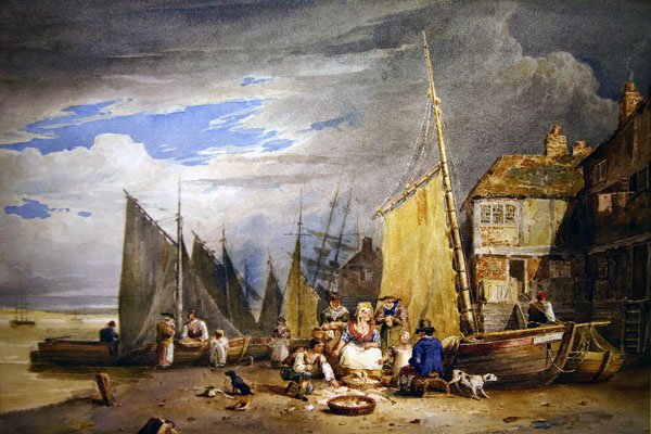 Een Visvrouw met haar Waren bij de Theems door David Cox