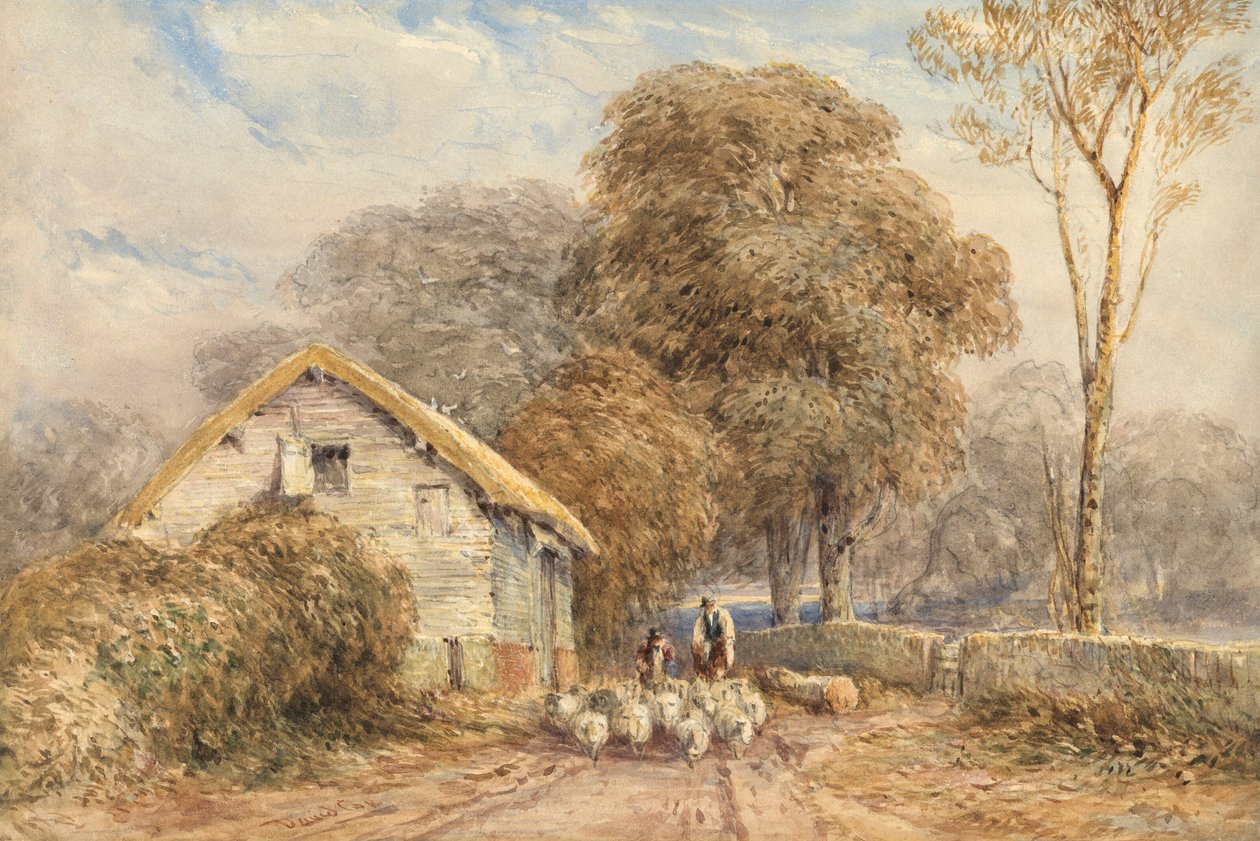 Een reiziger te paard, met een herder en zijn schapen, bij een schuur, op een landweggetje door David Cox