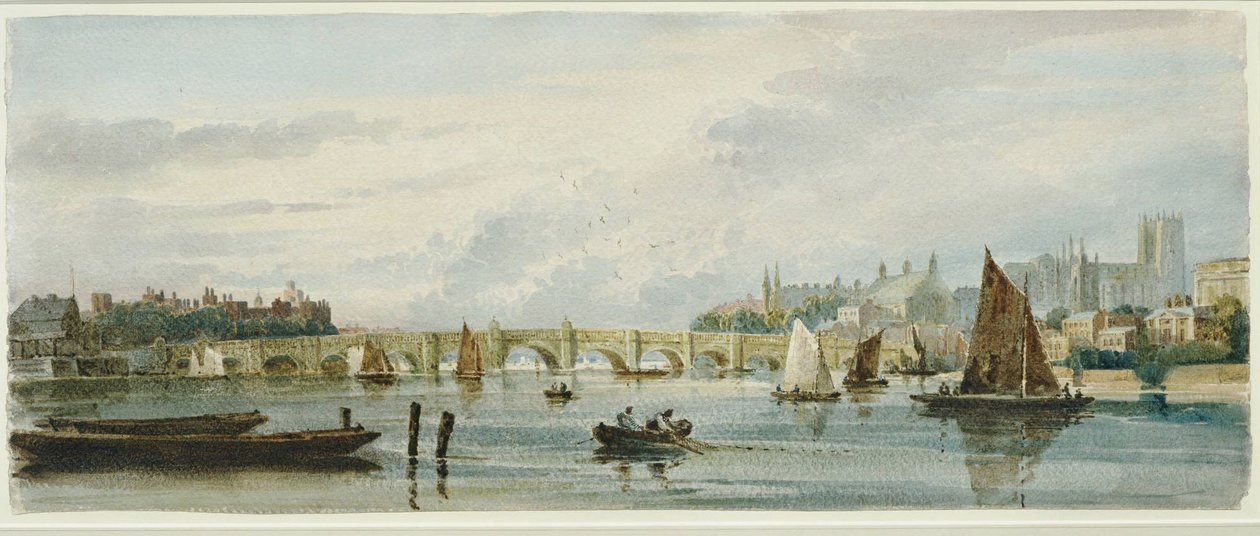 Gezicht op Westminster Bridge naar het westen, richting Lambeth Palace en Westminster Abbey door David Cox