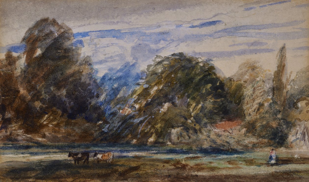 Landschap met koeien en figuur door David Cox
