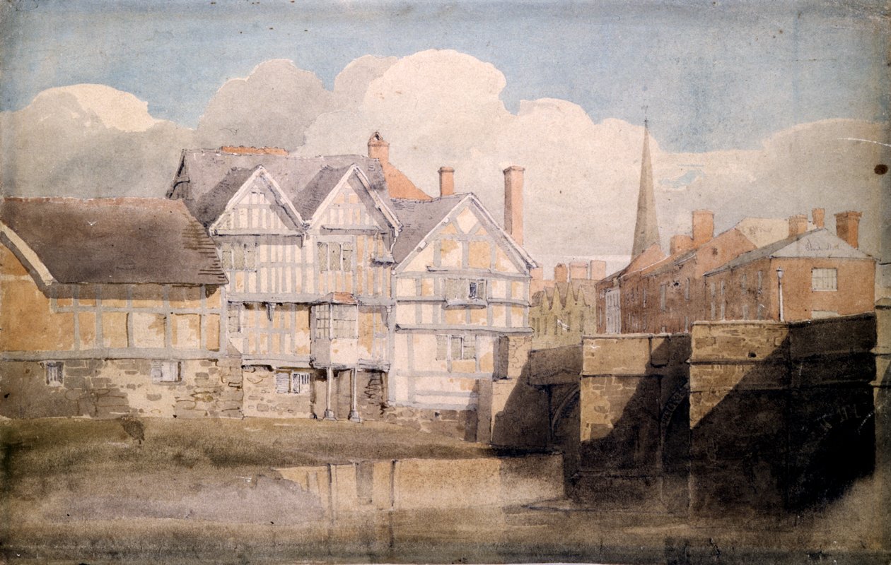 Oude huizen en Wye-brug, Hereford, 1820 door David Cox