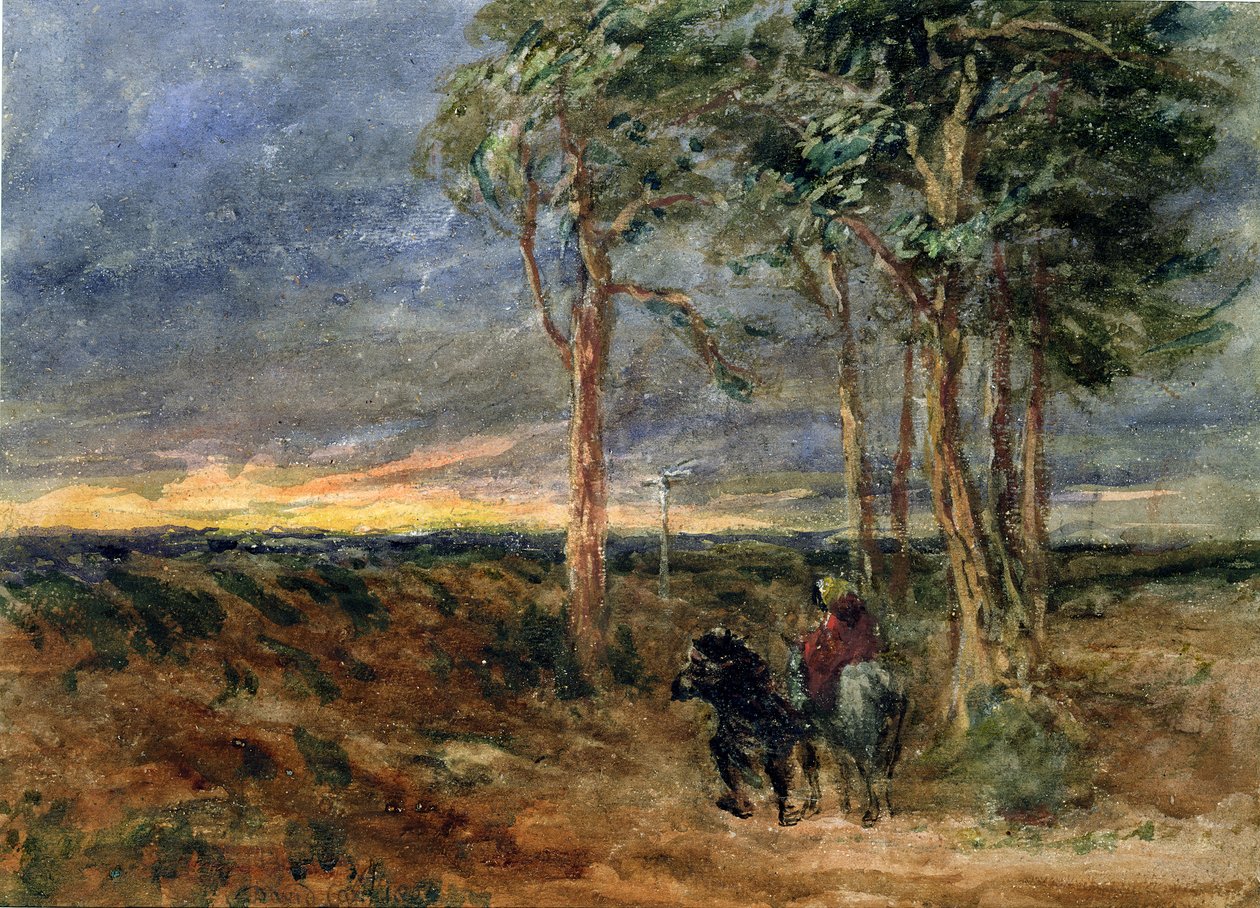 Reizigers naderen een wegwijzer op een heide, 1851 door David Cox