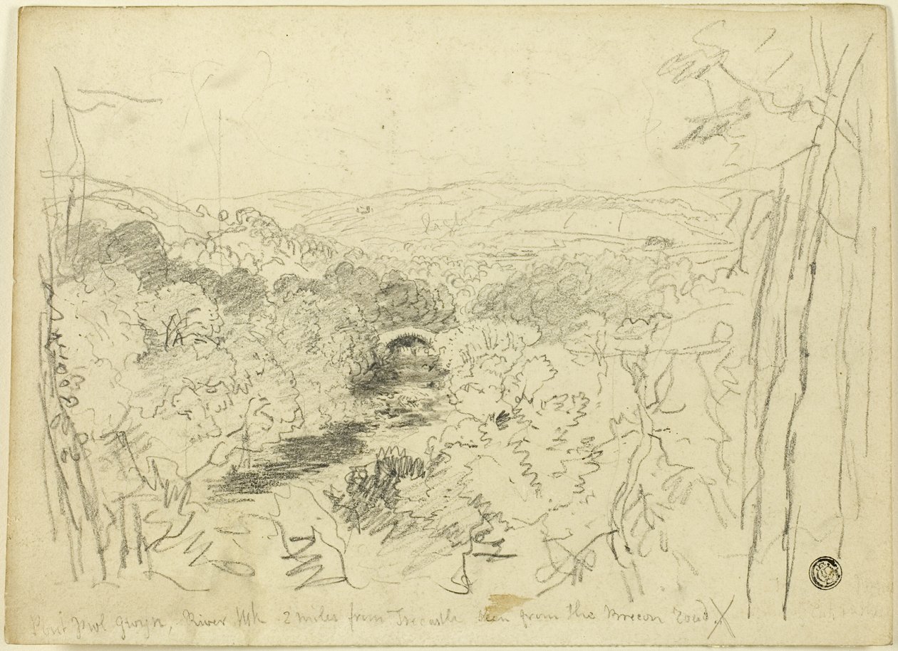 Pont Pwl Gwyn, rivier Usk door David Cox the elder