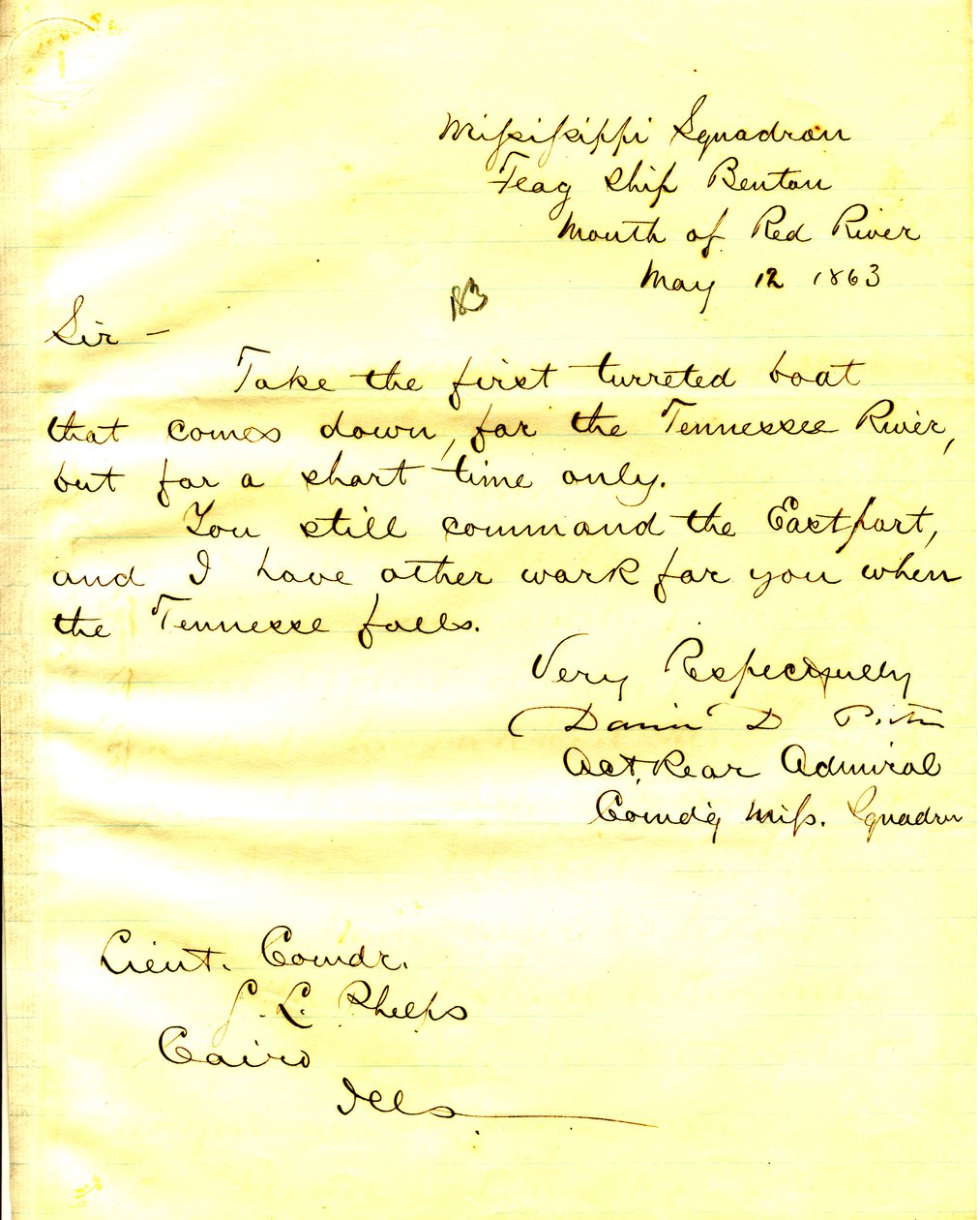 Brief van David D. Porter, U. S. S. Benton, monding van de Rode Rivier, aan Seth Ledyard Phelps, Cairo, Illinois, 12 mei 1863 door David D. Porter