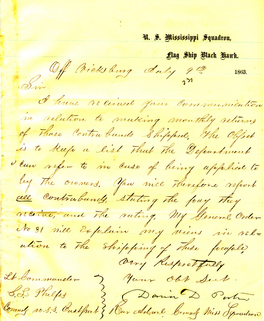 Brief van David D. Porter, U.S.S. Black Hawk, bij Vicksburg, aan Seth Ledyard Phelps, commandant van de U.S.S. Eastport, 9 juli 1863 door David D. Porter