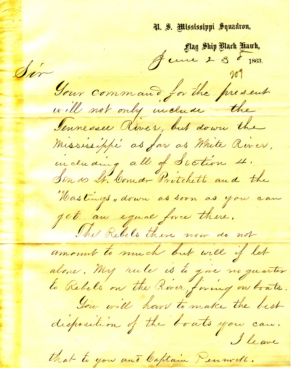 Brief van David D. Porter, U.S.S. Black Hawk, aan Seth Ledyard Phelps, 23 juni 1863 door David D. Porter