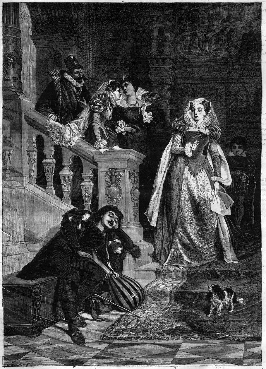 Eerste ontmoeting van de koningin van Schotland Marie Iere Stuart (1542-1587) met David Rizzio - gravure naar het schilderij van David Dalhoff Neal door David Dalhoff (after) Neal