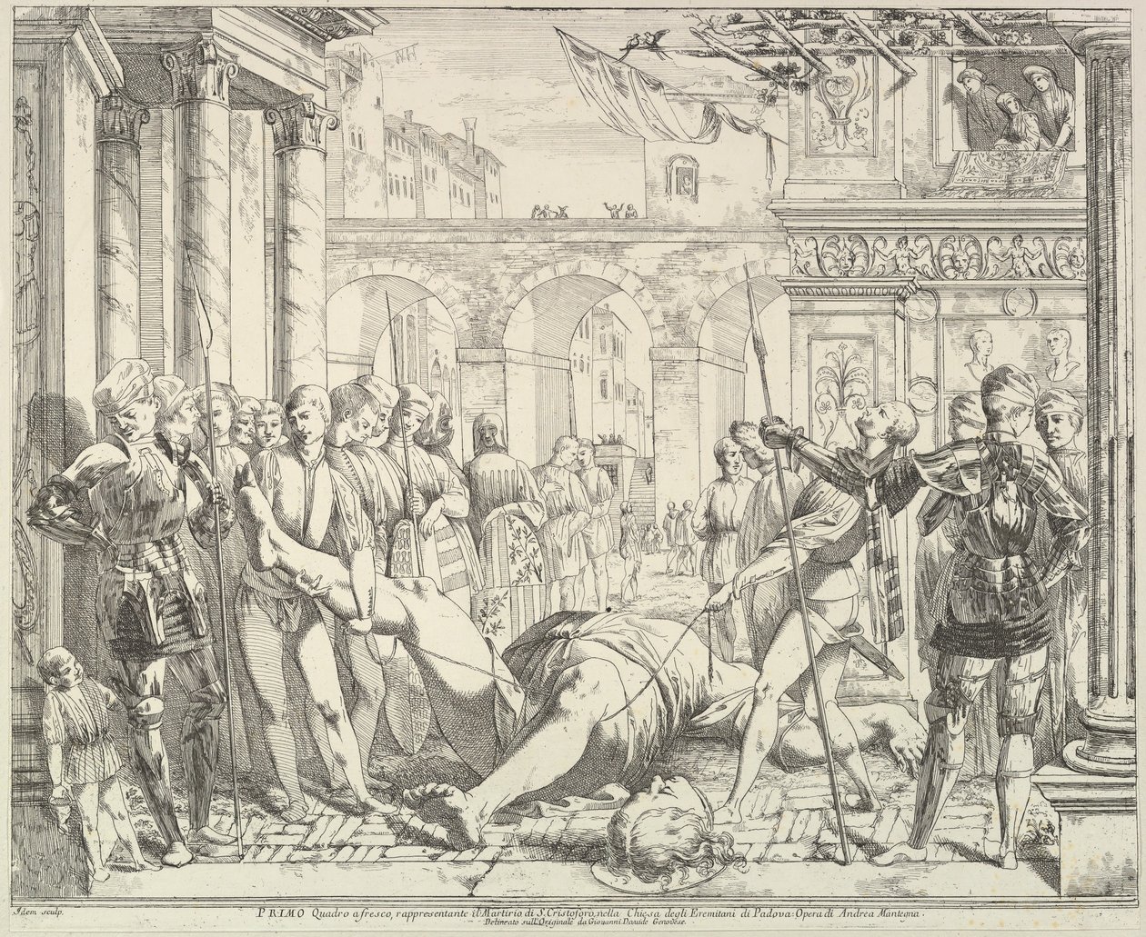 Het martelaarschap van Sint-Christoffel, uit Het verhaal van de heiligen Jacobus en Christoffel, 1776 door David Giovanni