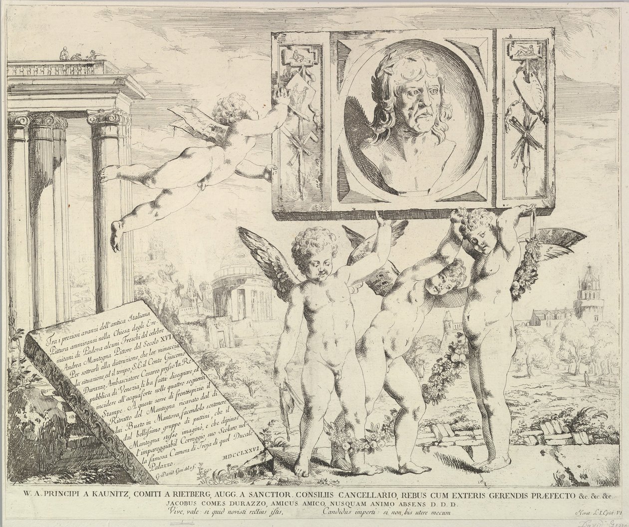 Titelpagina: Eerbetoon aan Mantegna, uit Het verhaal van de heiligen Jacobus en Christoffel in de Ere door David Giovanni