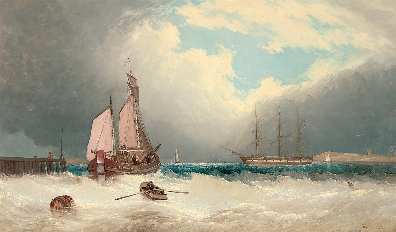 Een schuit die de haven uitvaart, een fregat voor anker daarachter door David James