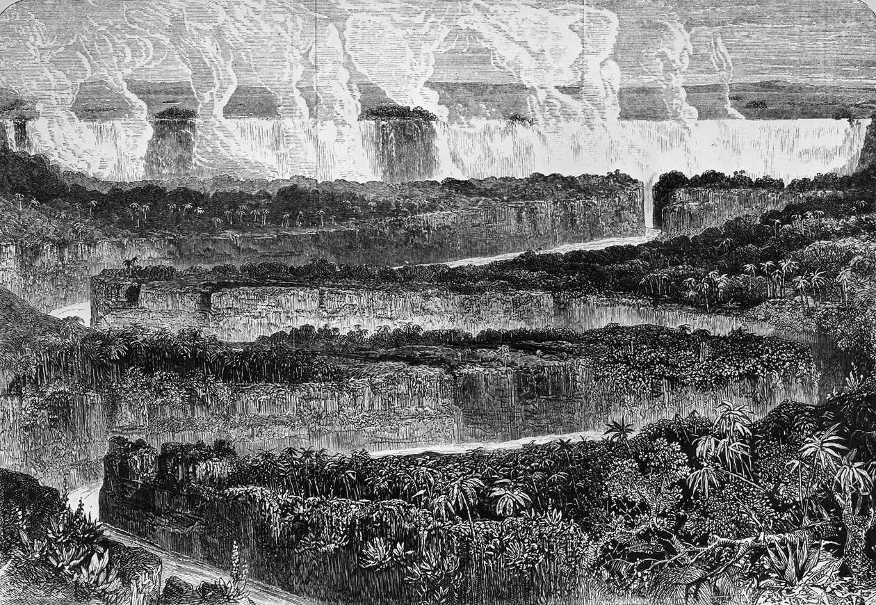 Uitzicht op de grote watervallen van de Zambezi, bekend als Mosi-oa-Tunya of Victoria Falls, Zambia, gravure uit Verhaal van de expeditie naar de Zambezi en zijn zijrivieren, door David Livingstone en Charles Livingstone door David Livingstone
