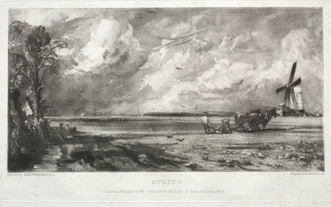 Verschillende Onderwerpen van Landschap, Kenmerkend voor Engels Landschap uit Schilderijen van John Constable, R.A.: Lente. Een Molen op een Gemeente. Hagelbuien. East Bergholt, Suffolk door David Lucas