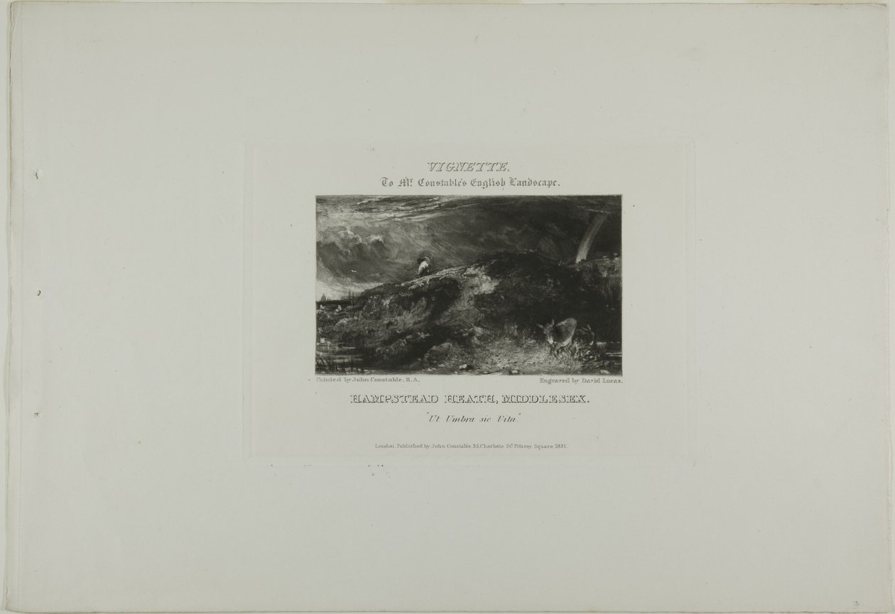 Vignet bij het Engelse landschap van Mr. Constable. Hampstead Heath Middlesex. Ut Umbra sic Vita door David Lucas