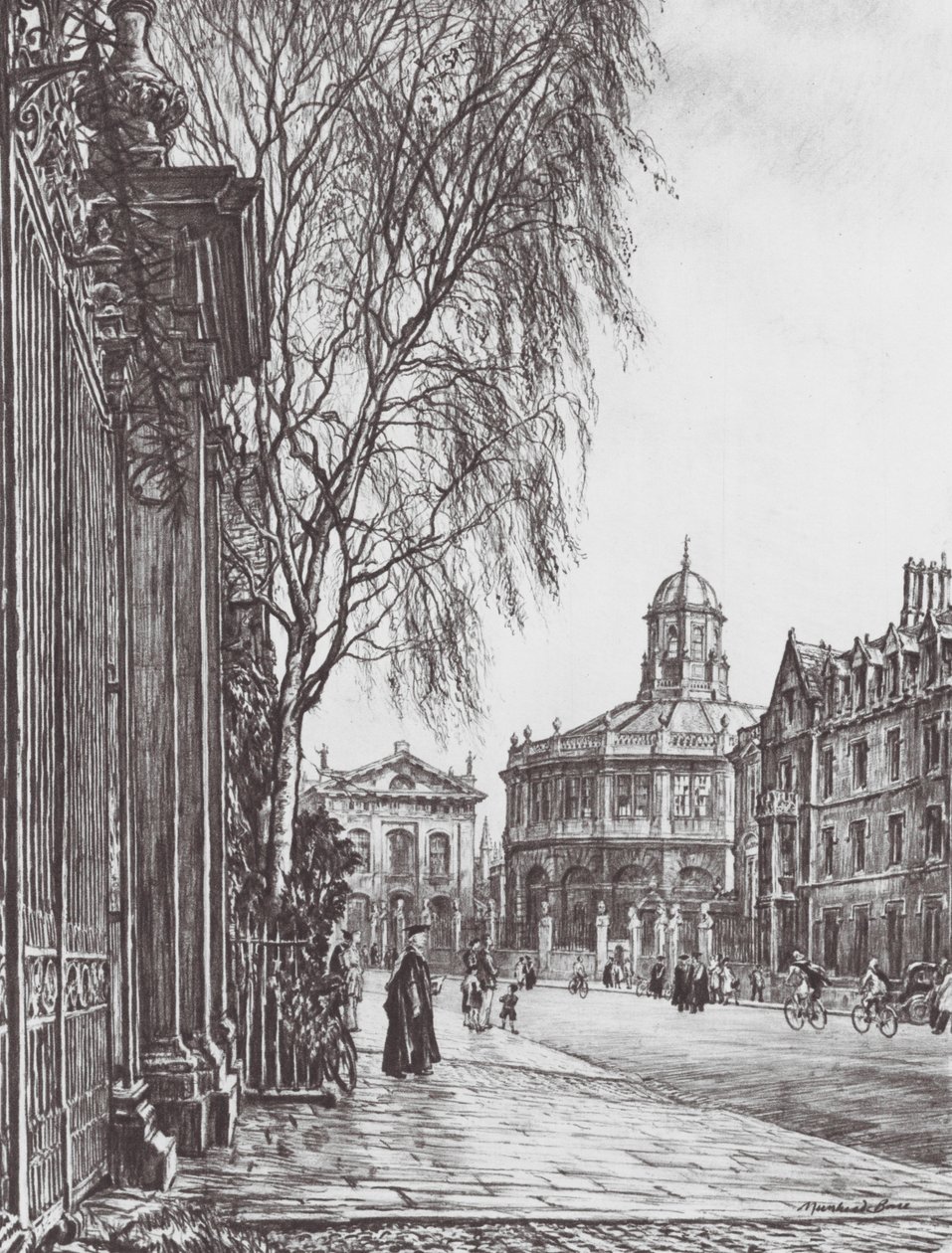 Oxford: De brede van Trinity Gates (litho) door David Muirhead (after) Bone