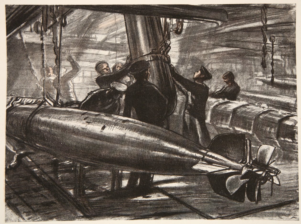 In de ondergelopen torpedokamer van een slagschip, illustratie uit 