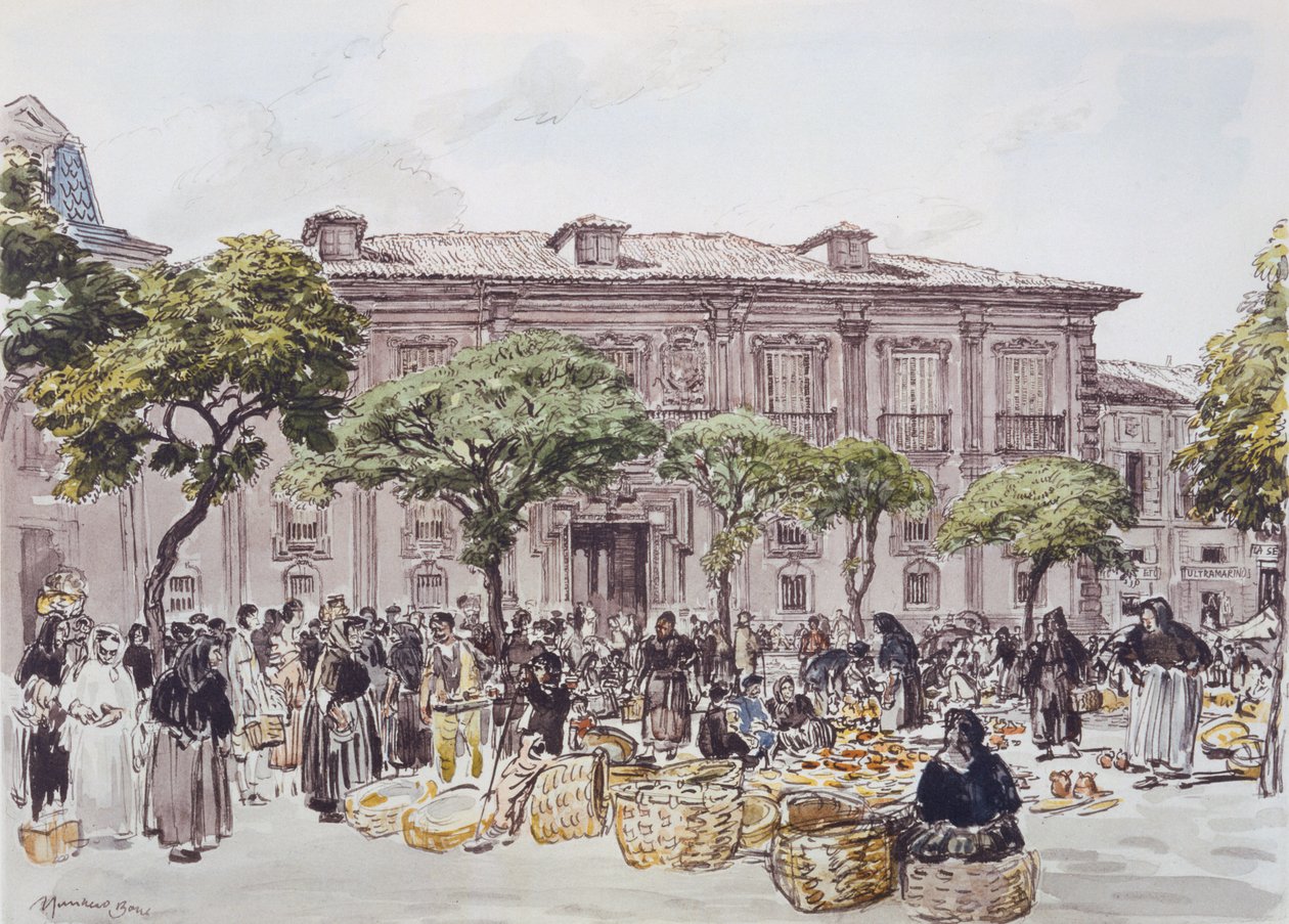 Markt buiten een paleis, Oviedo door David Muirhead Bone