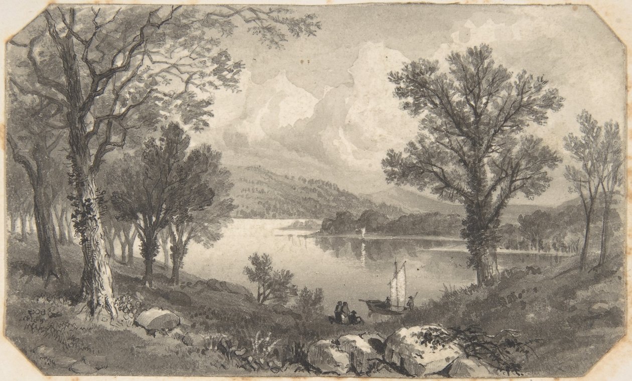 Gezicht op een meer of rivier met een zeilboot door David Octavius Hill