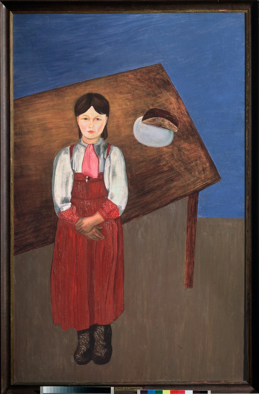 Aniska. (portret van een melancholisch meisje aan een tafel). door David Petrovich Sterenberg