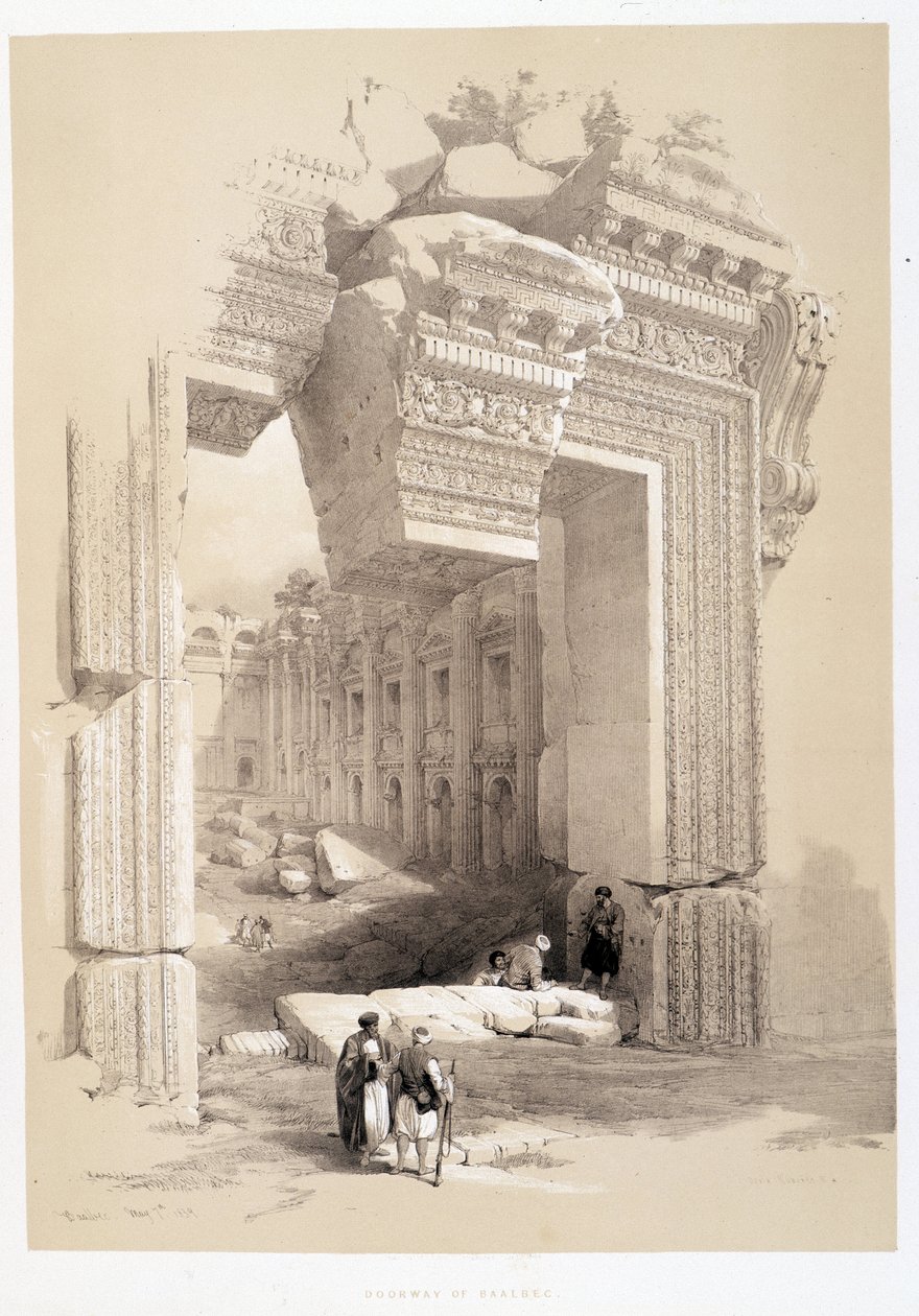 Baalbek-poort in Libanon, tekening gemaakt op 07/05/1839 in "The Holy Land", Londen 1849 door David Roberts