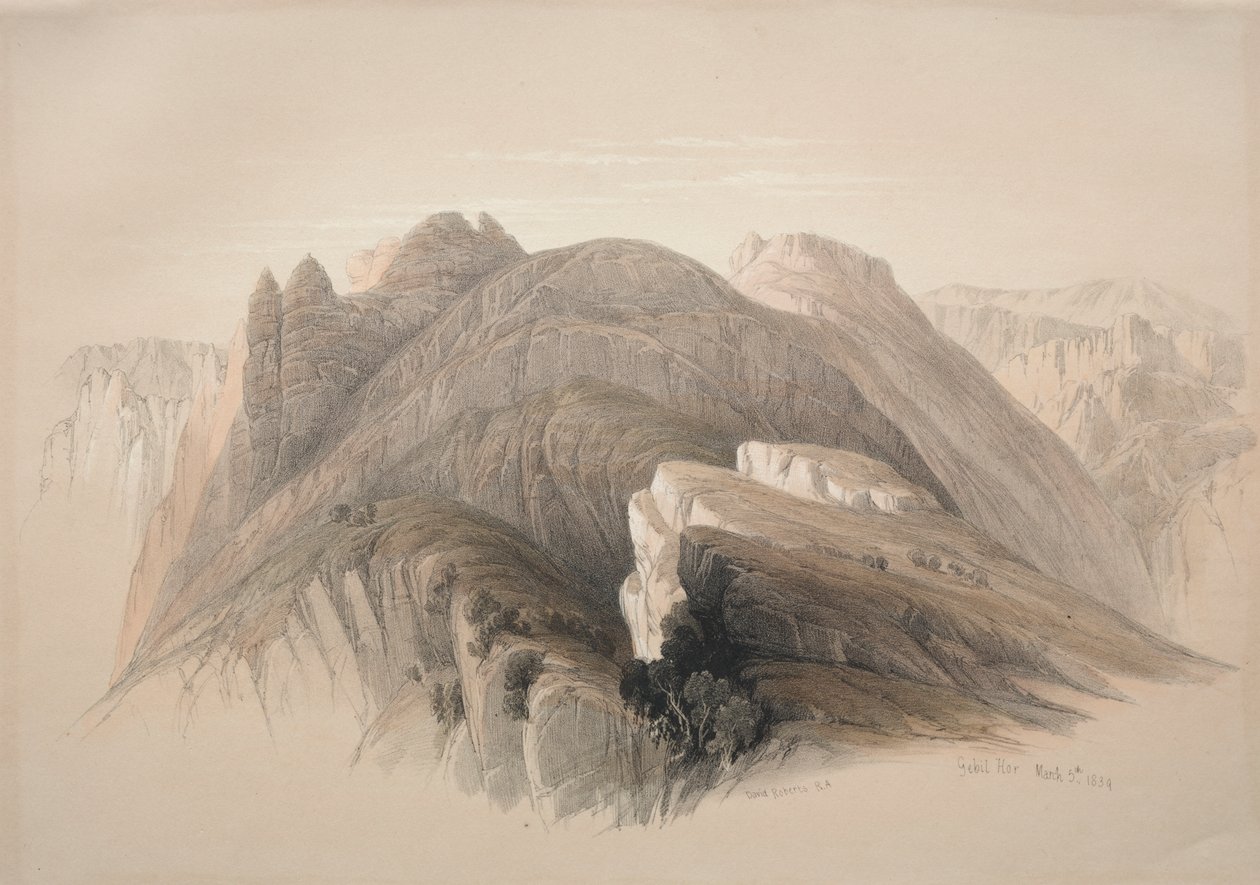 Gebil Hor. Berg Hor, vanaf de Kliffen die Petra Omringen door David Roberts