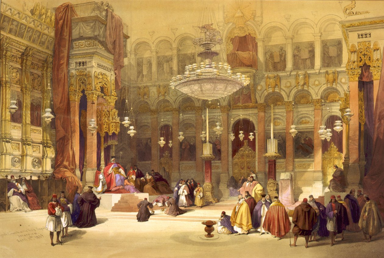 Griekse kerk van het Heilig Graf, Jeruzalem, 11 april 1839. Litho door David Roberts
