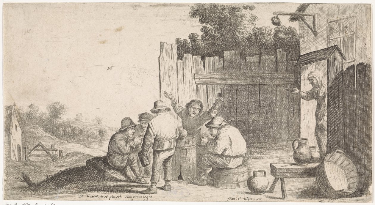 Vijf boeren rond een ton Genretaferelen in de open lucht door David Teniers (II) (attributed to workshop of)