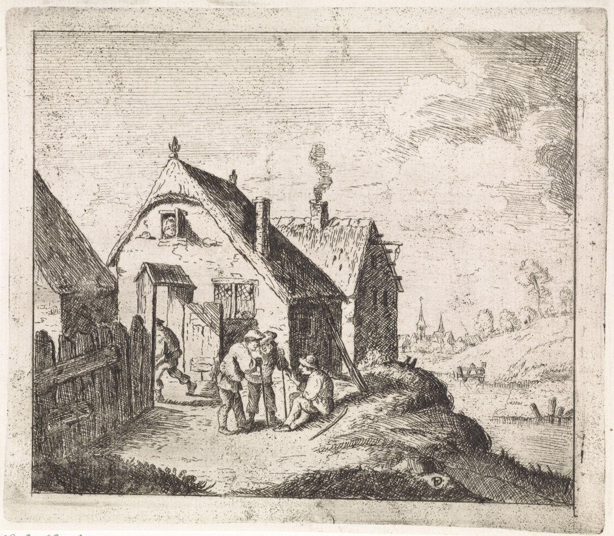 Drie mannen in gesprek bij een woning door David Teniers (II)