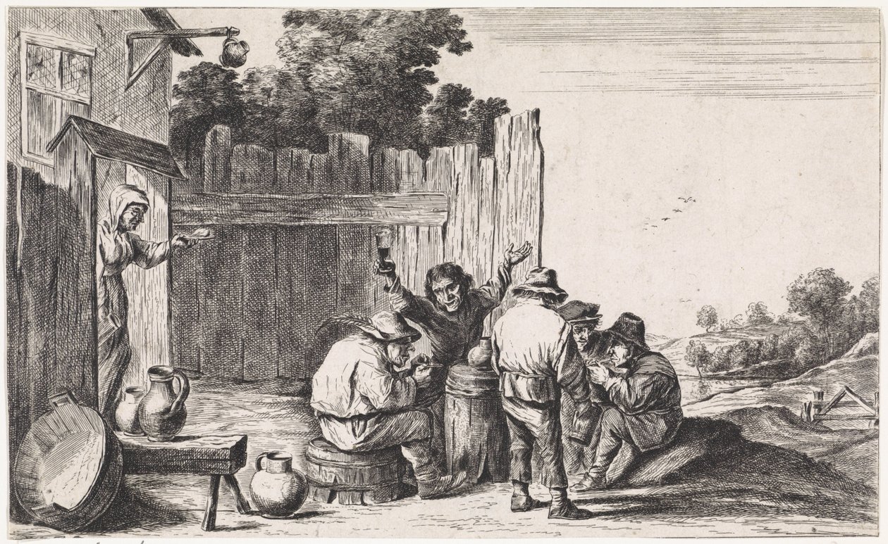 Vijf boeren rond een ton door David Teniers (II)