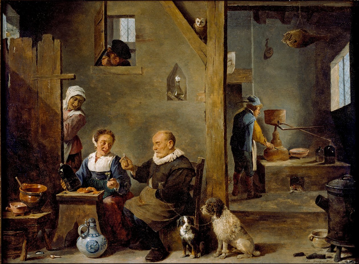 Een distilleerderij met een oude man die gin koopt van een vrouw door David Teniers II