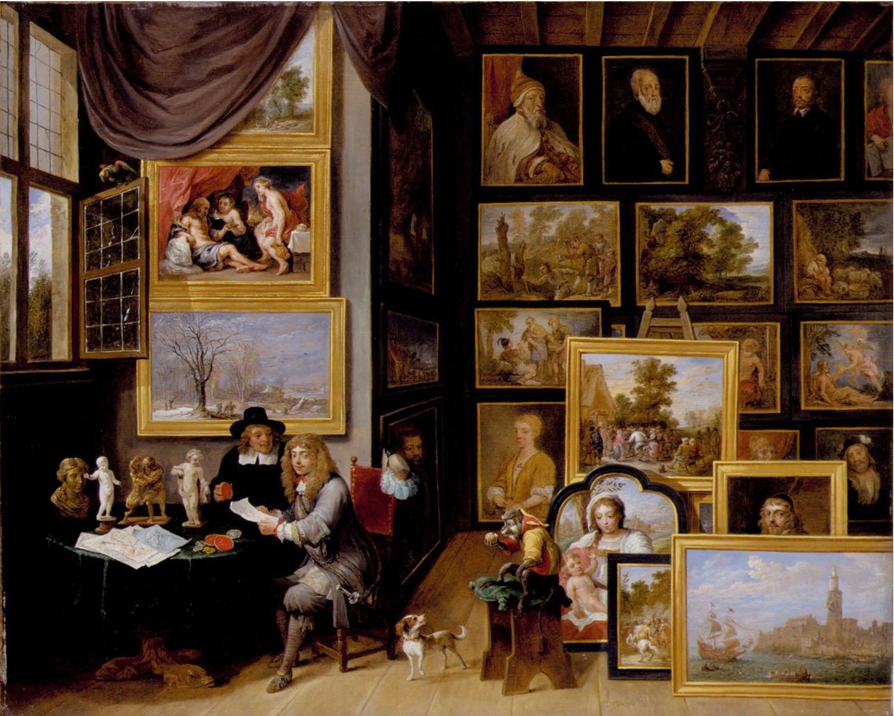 Een fotogalerij met twee mannen die een zegel en een rode krijttekening onderzoeken, en een aap die aanwezig is door David Teniers the Younger