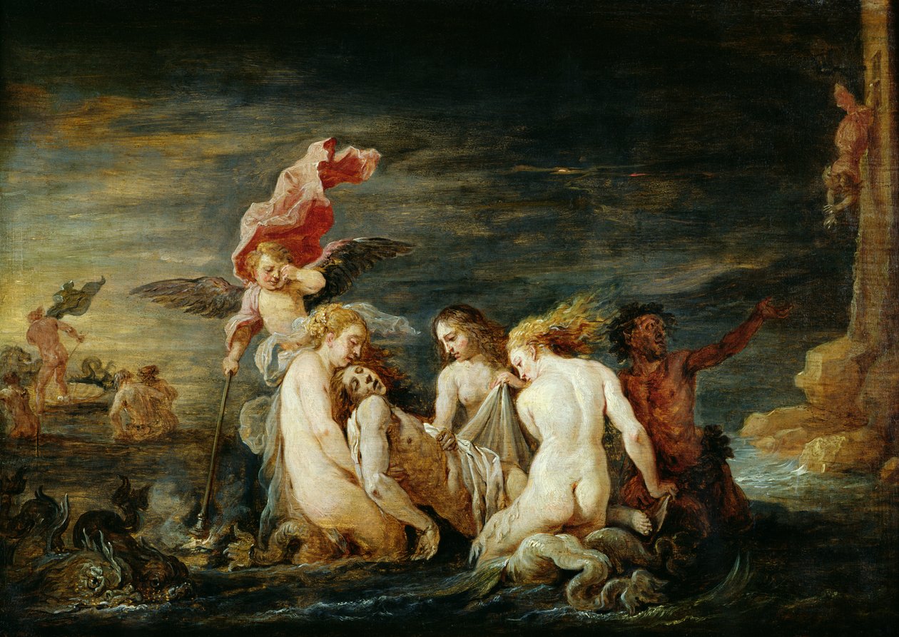 Hero en Leander: Leander gevonden door de Nereïden, kopie van een schilderij door Domenico Feti, 1650-56 door David Teniers the Younger