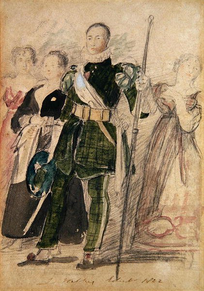 Een boogschutter en een groep vrouwen in het paleis van Holyrood tijdens het bezoek van de koning door David Wilkie