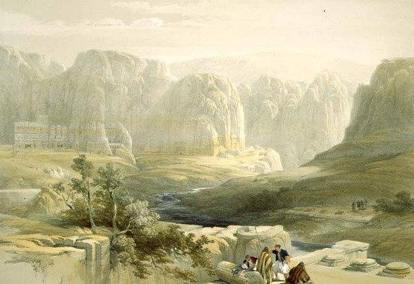 Petra kijkend naar het Zuiden, 9 maart 1839, plaat 106 uit Volume III van Het Heilige Land, gegraveerd door Louis Haghe (1806-85) uitgegeven 1849 door David after Roberts