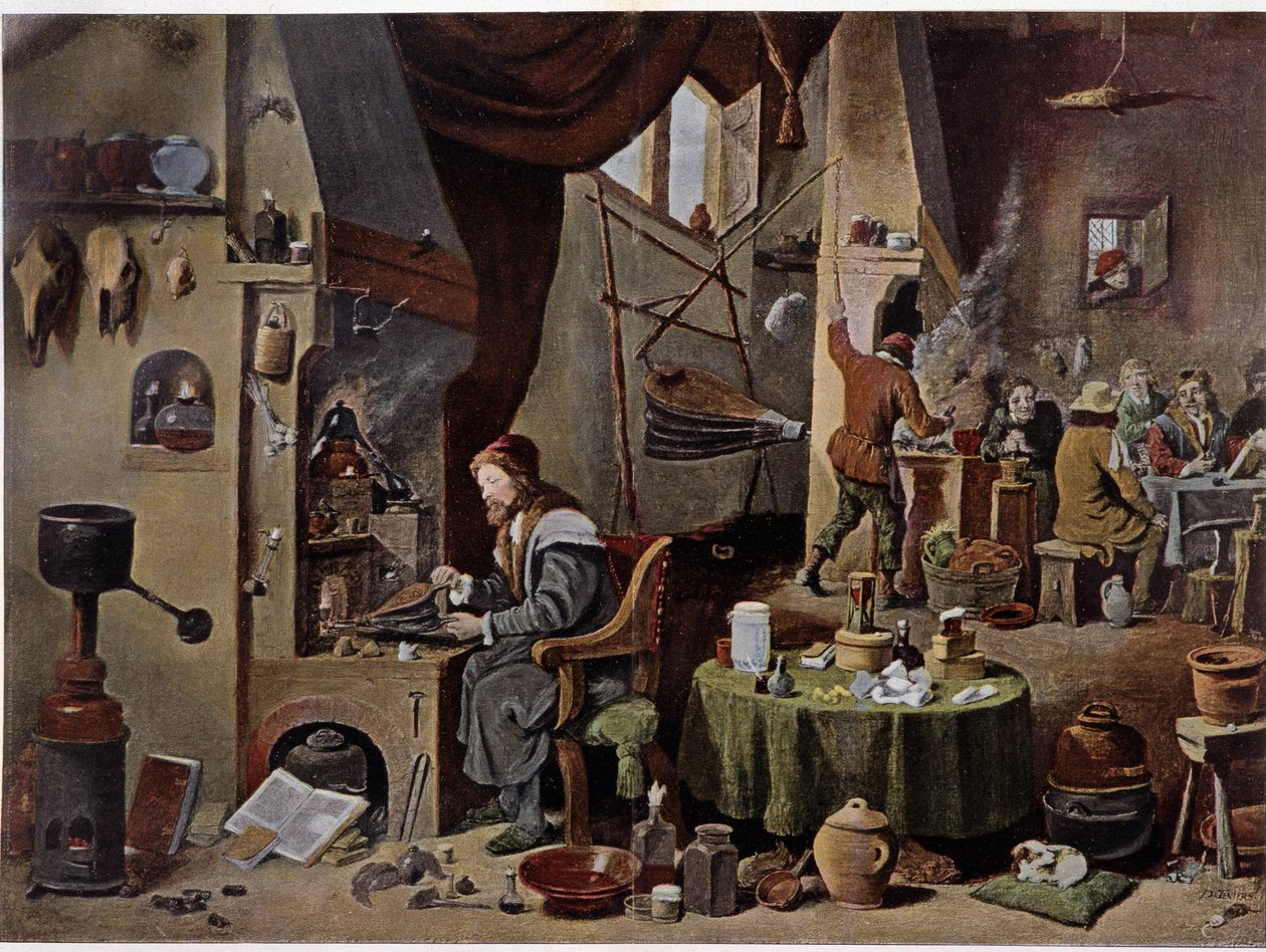 Een alchemistenlaboratorium in de 17e eeuw - volgens het schilderij van David Téniers de Jongere door David the Younger (after) Teniers
