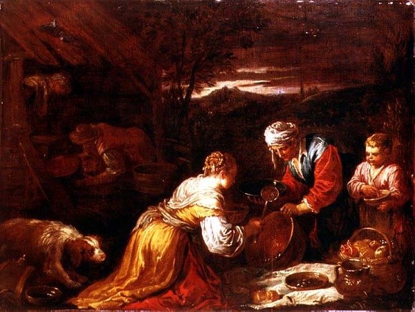 Boeren die buiten een huisje eten bereiden, een uitgestrekt landschap verderop door David the Younger (attr. to) Teniers