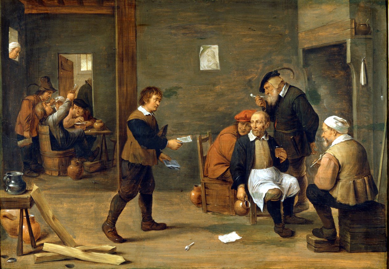 Een groep mannen die zich opwarmen voor een schoorsteen. Schilderij door David Teniers de Jonge (1610 - 1690) Milaan, Museo del castello. door David Teniers the Younger
