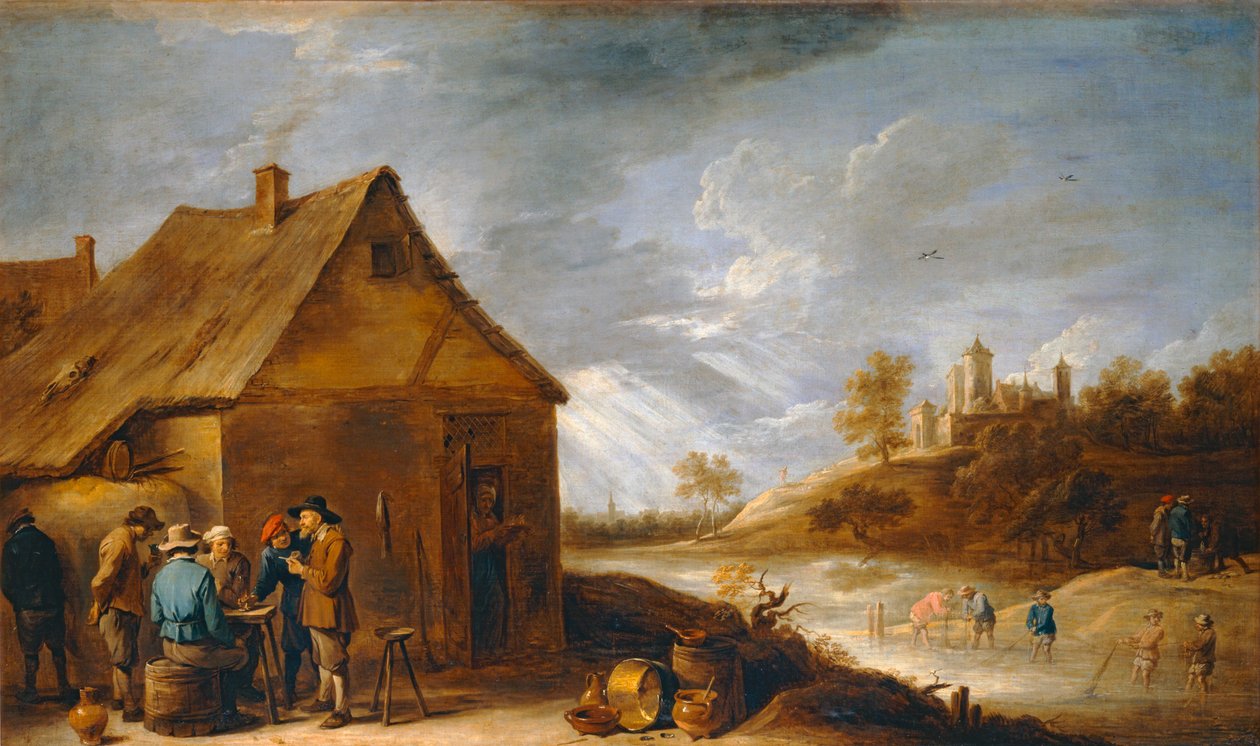 Cabaret bij een rivier met netvissers ... door David the Younger Teniers