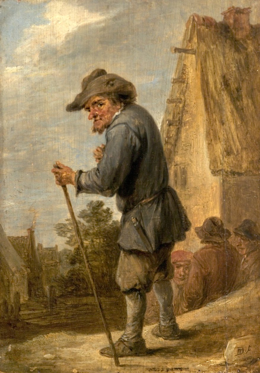 Dorpsscène met vier boeren door David Teniers the Younger