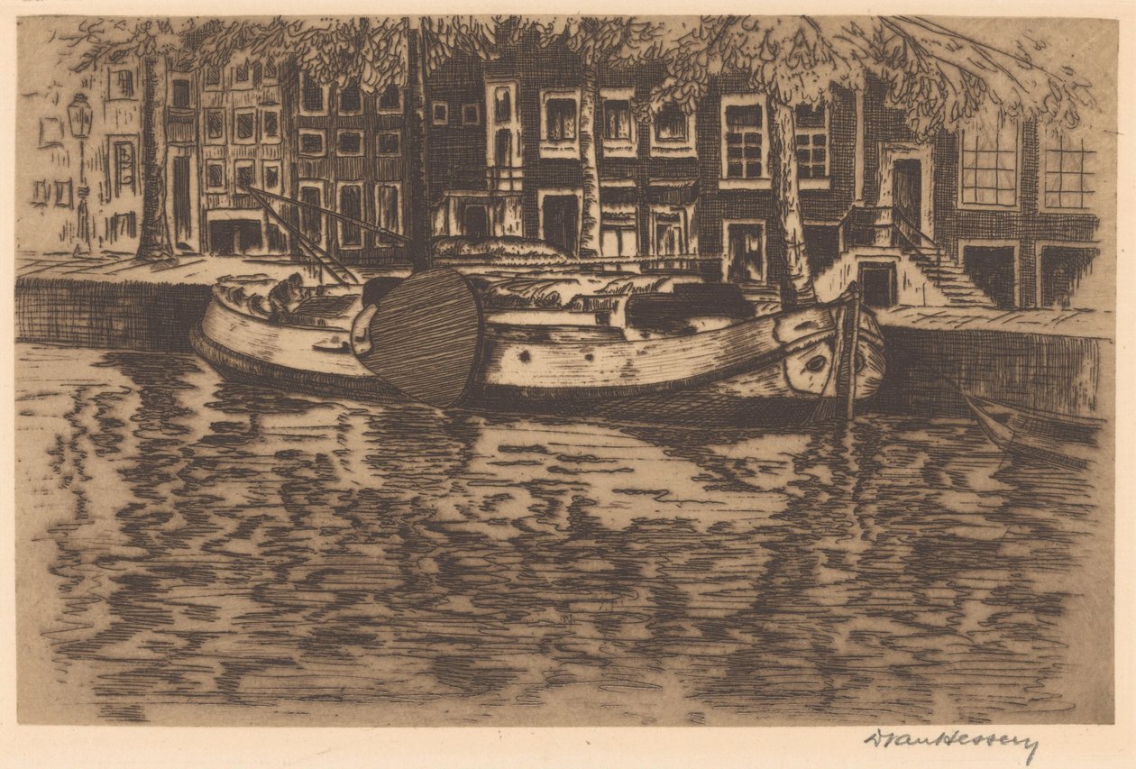 Gracht met aangemeerde zeilboot door David van Hessen (signed by artist)