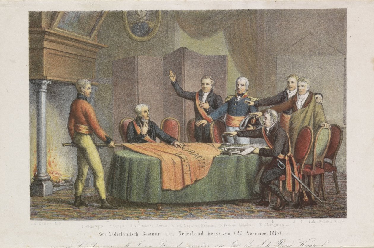 Aanvaarding van het Hoog Bewind door het Driemanschap in naam van de prins van Oranje, 21 november 1813 door David van der Kellen