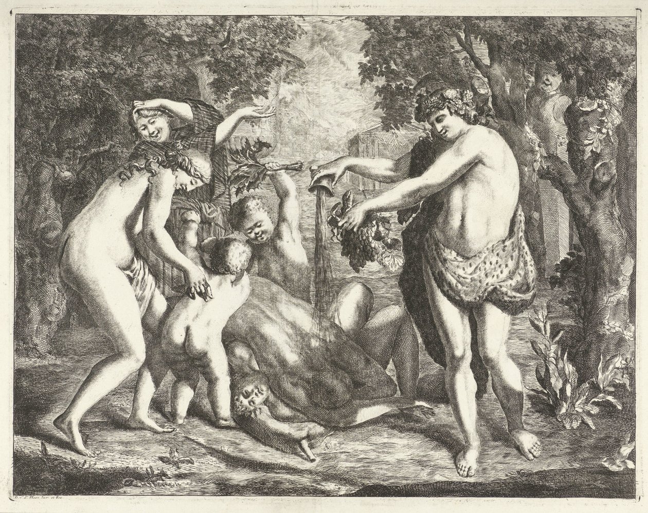 Landschap met bacchanaal, met Bacchus door David van der Plas