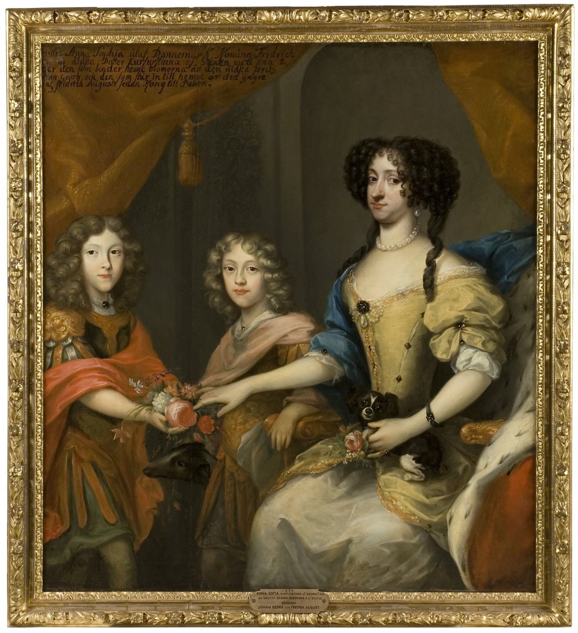 Anna Sofia, 1647-1717, prinses van Denemarken, keurvorstin van Saksen, haar zonen Johann Georg IV, 1668–1697, keurvorst van Saksen, en Friedrich August I / August II de Sterke, 1670–1733, keurvorst van Saksen, koning van Polen door David von Krafft