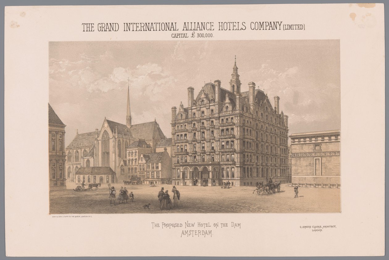 Ontwerp voor een voorgesteld hotel op de Dam in Amsterdam The proposed New Hotel on the Dam Amsterdam The Grand International Alliance Hotels Company (Limited) capital £ 300,000 door Day and Co.