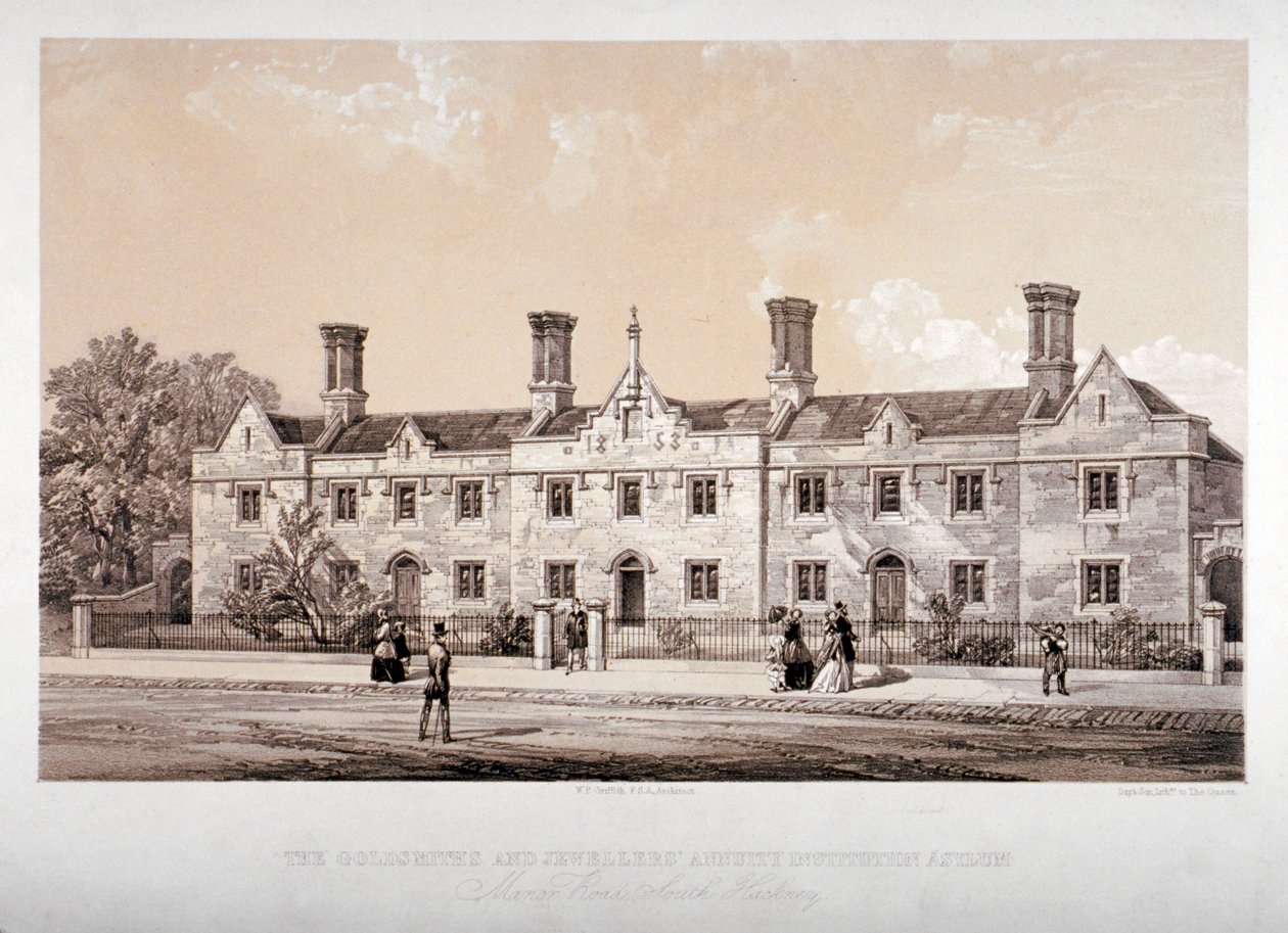 De goud- en juwelierspensioeninstelling, Holcroft Road, Hackney, Londen, 1853 door Day and Son
